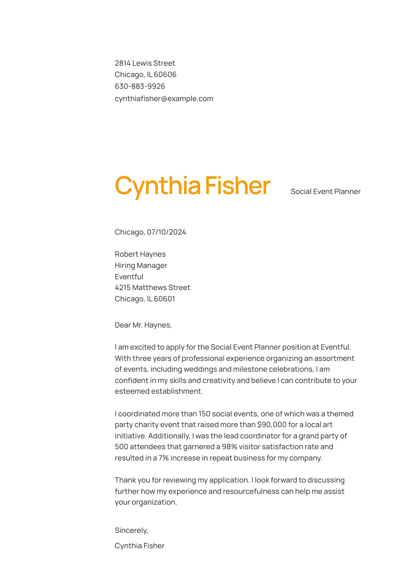 #6. Social Event Planner Cover Letter Example