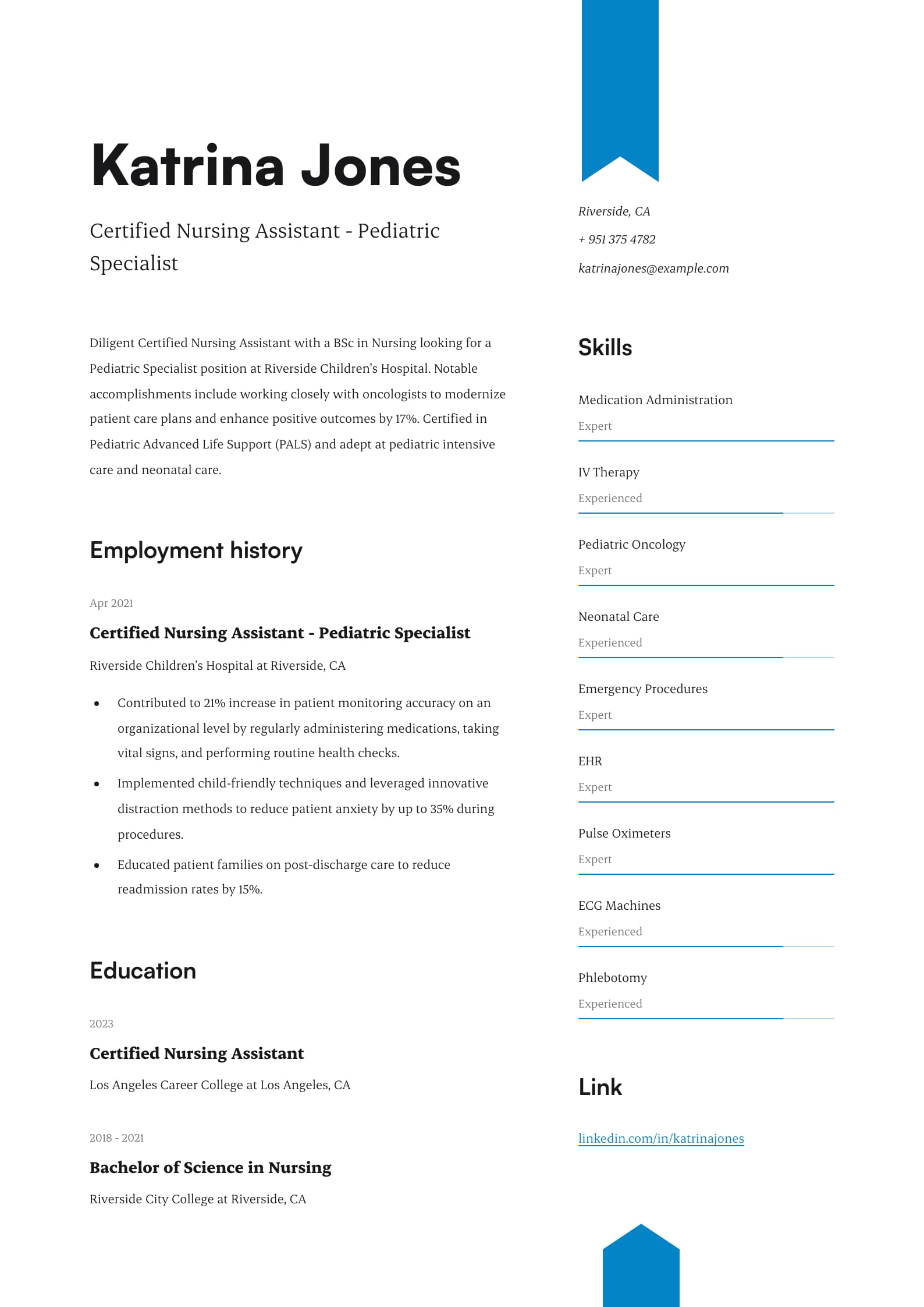 Certified Nursing Assistant With Pediatric Specialization Resume