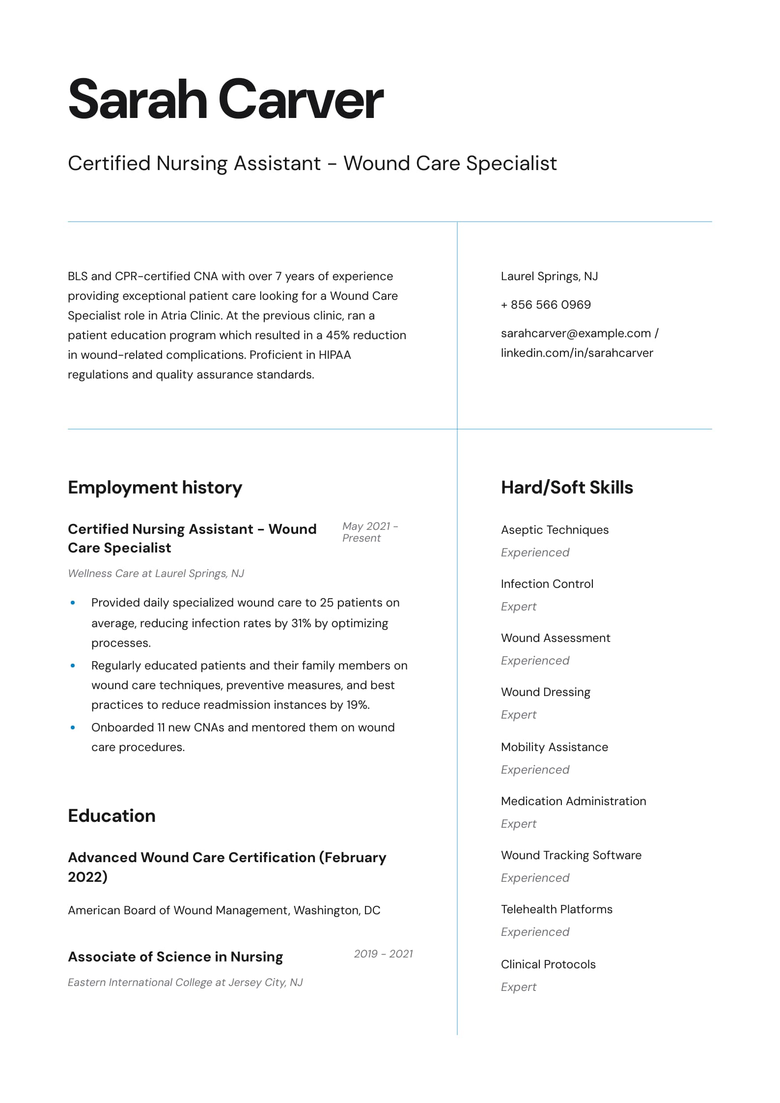 #2. Certified Nursing Assistant With Wound Care Specialization Resume