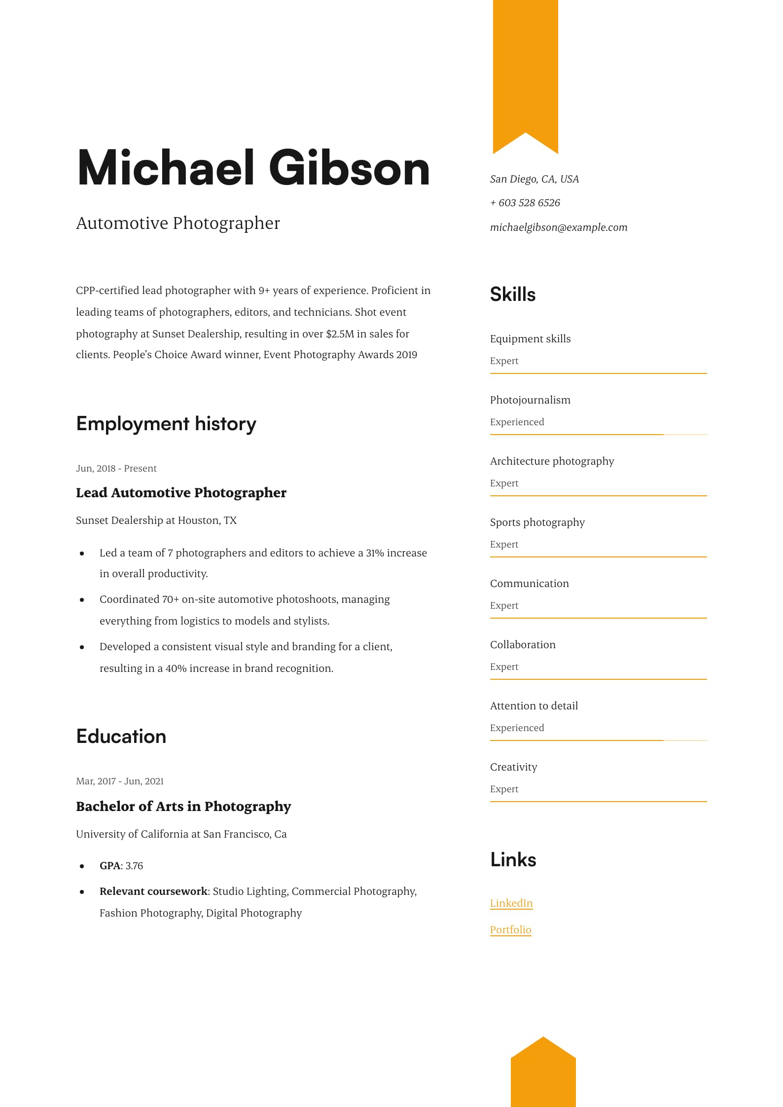 Photographer Resume Example