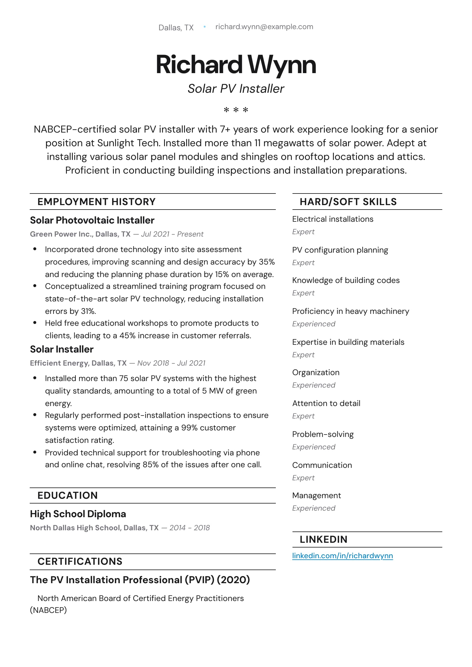 Solar Photovoltaic Installer Resume