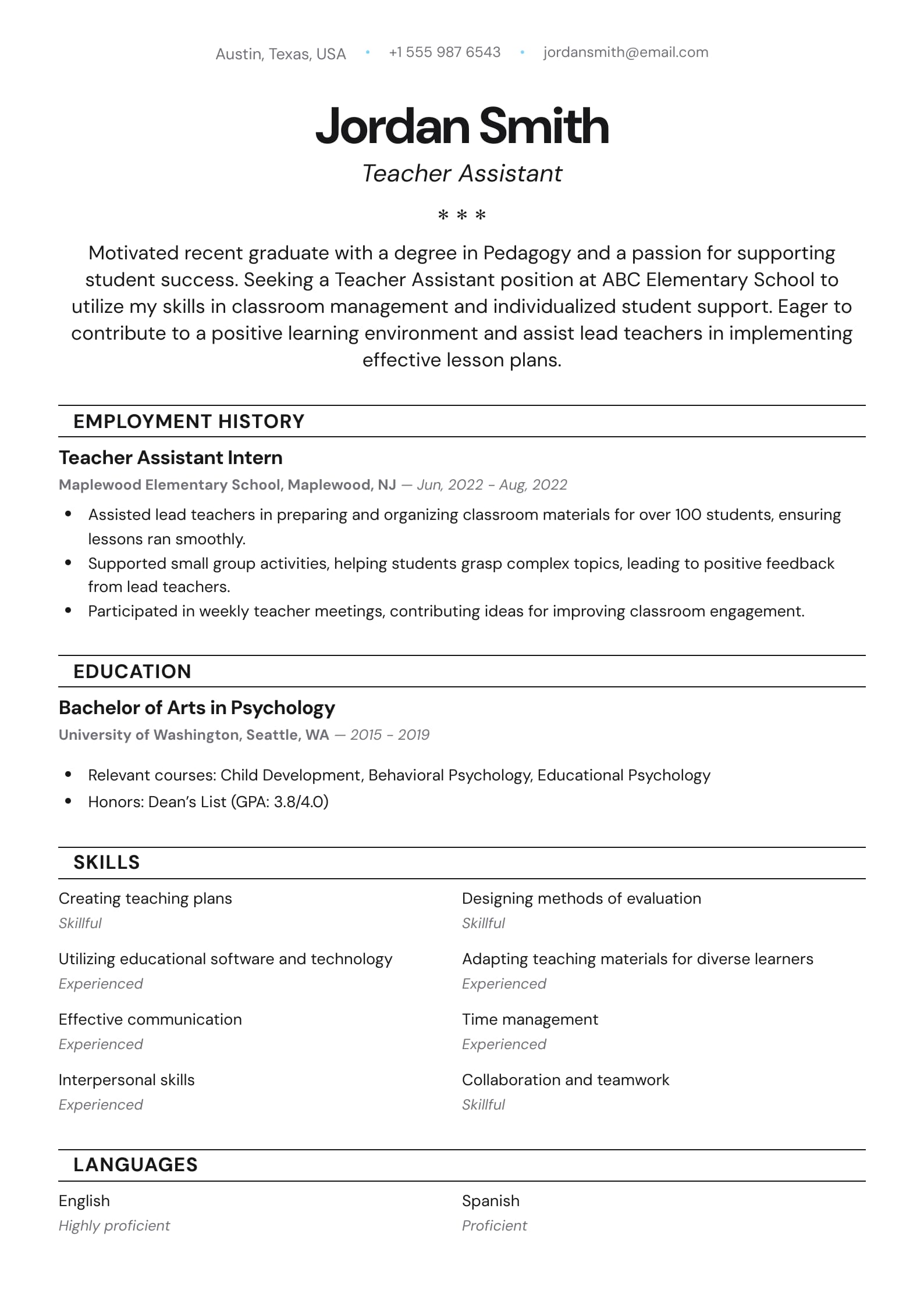 Free Education Resume Examples