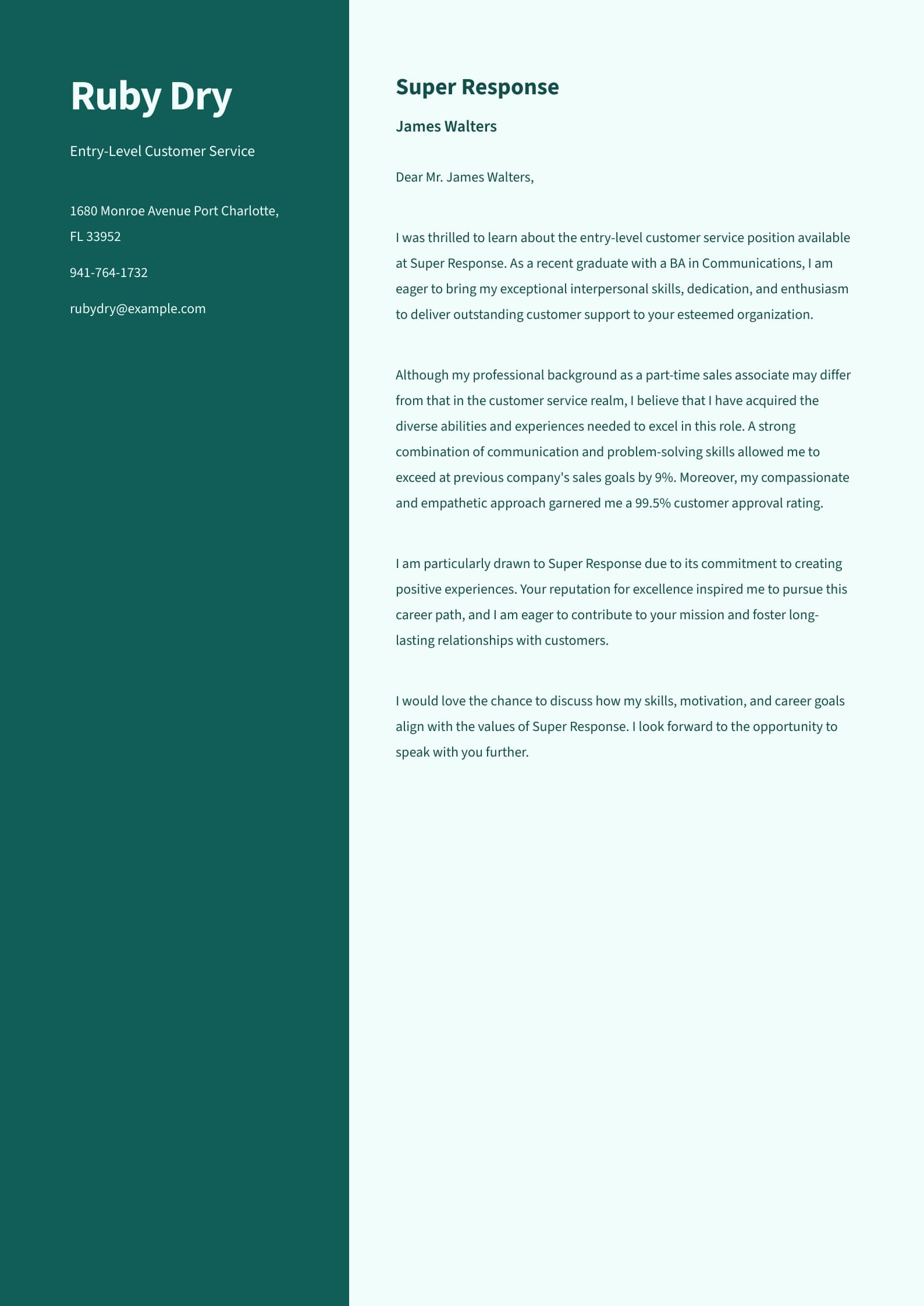 Junior Customer Service Cover Letter