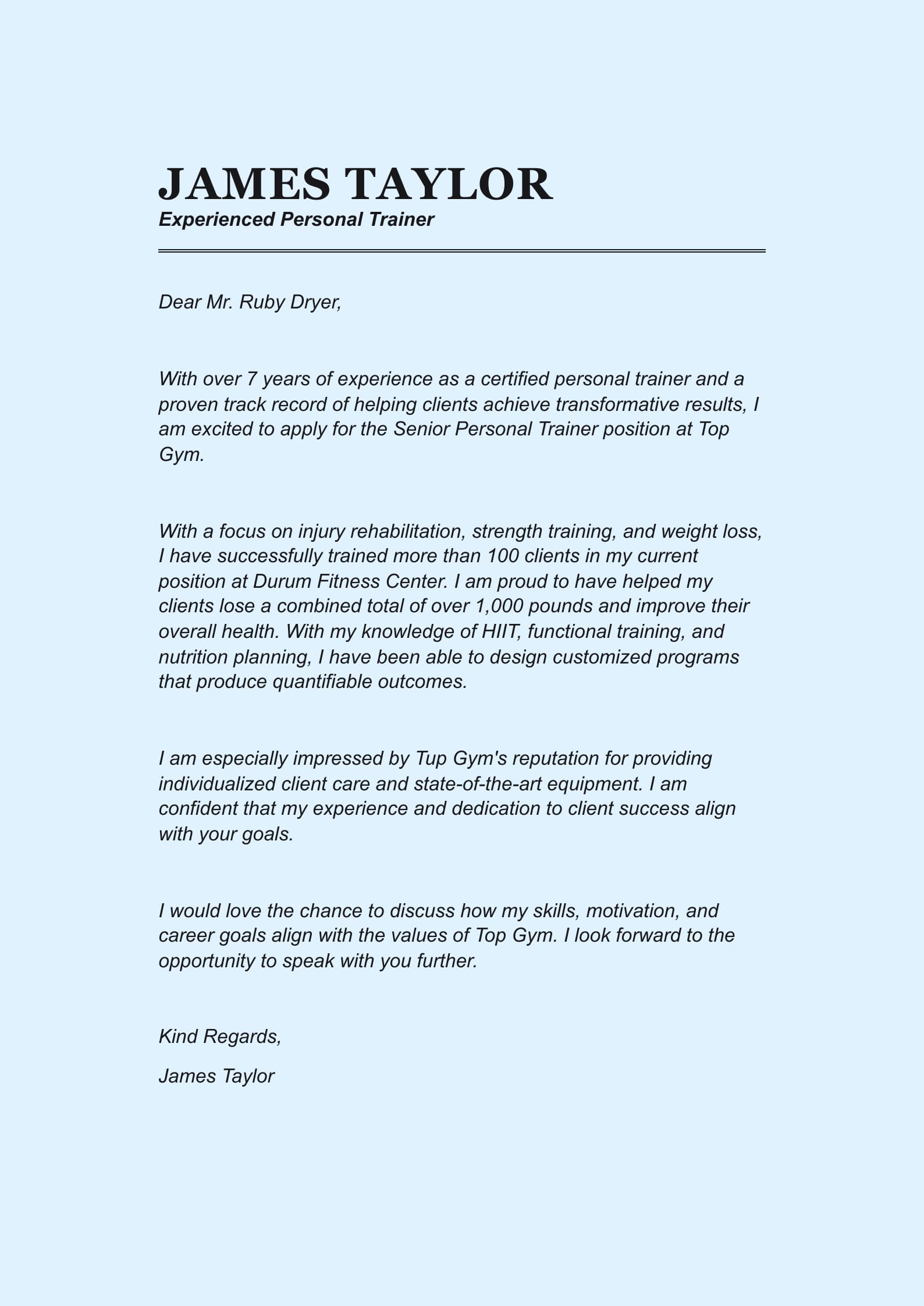 Experienced Personal Trainer Cover Letter Example