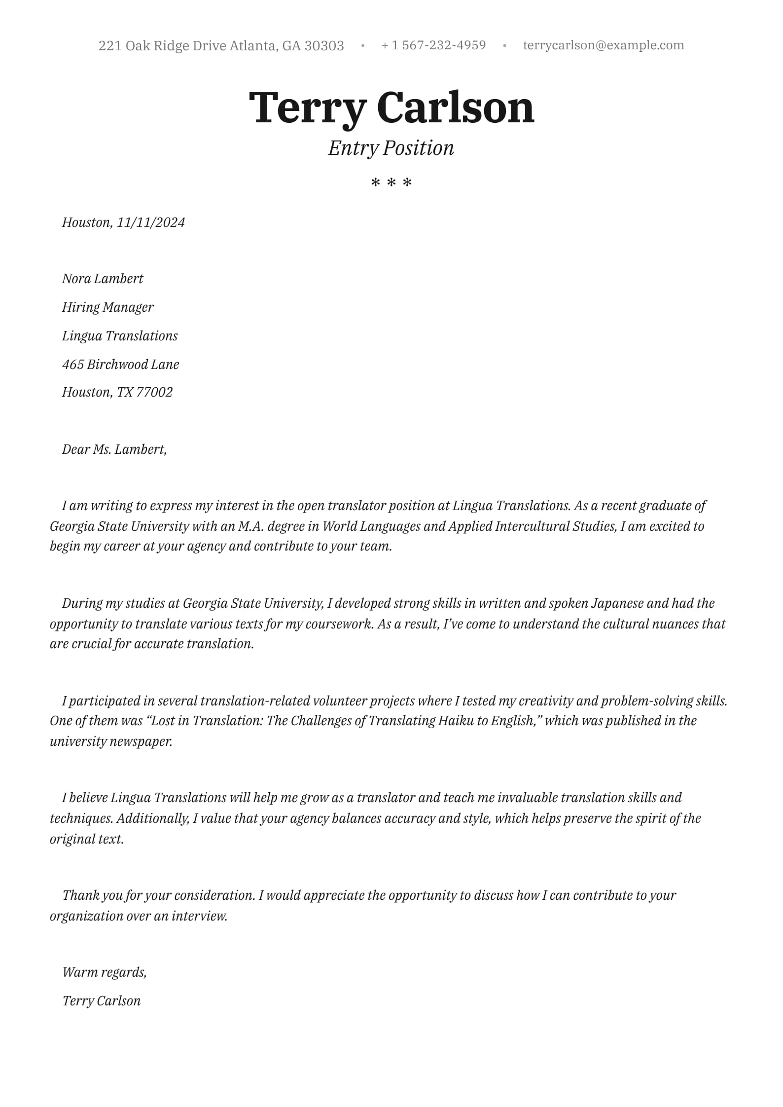 #8. Application Letter Sample for Entry Positions