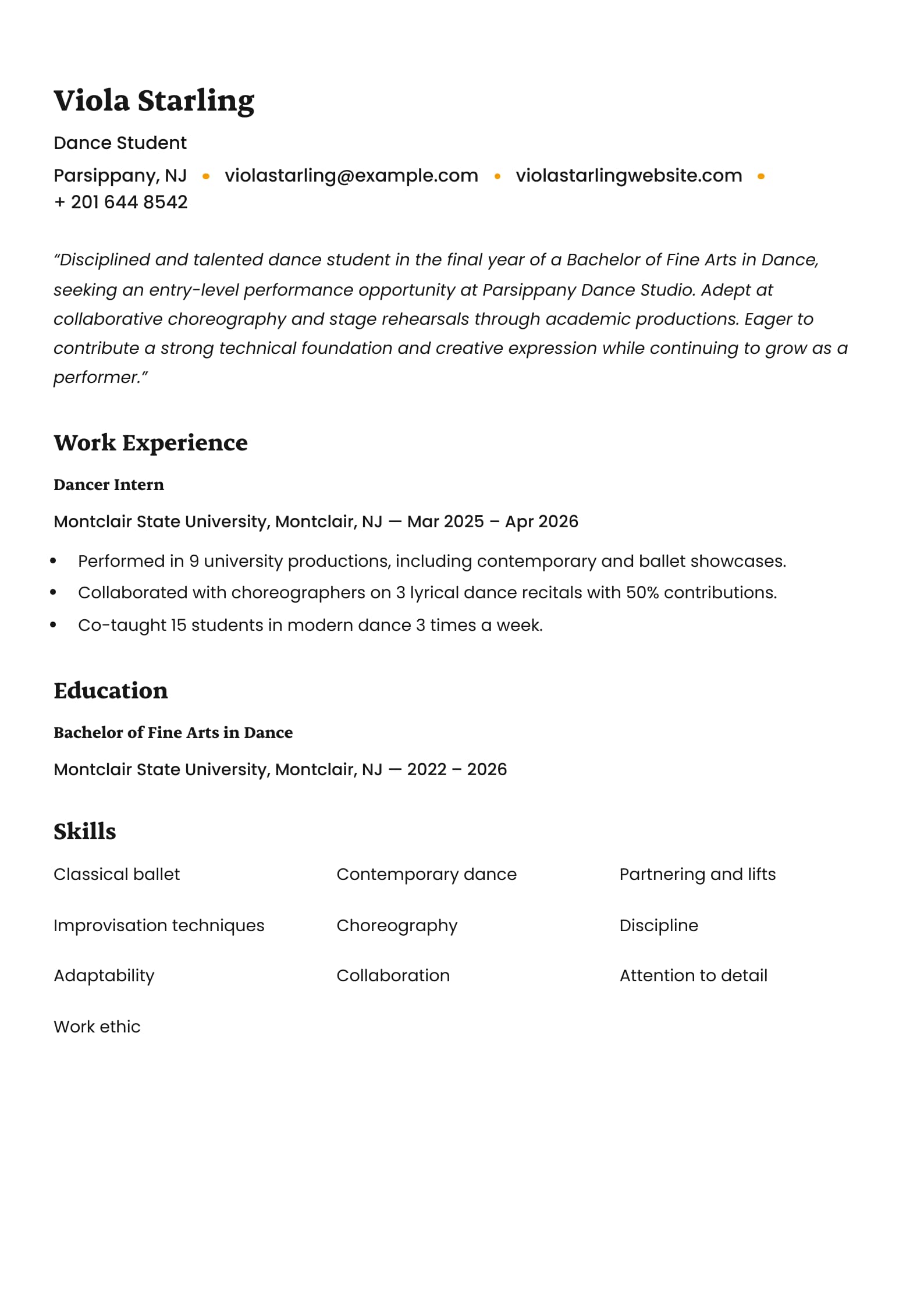 Dance Student Resume Example
