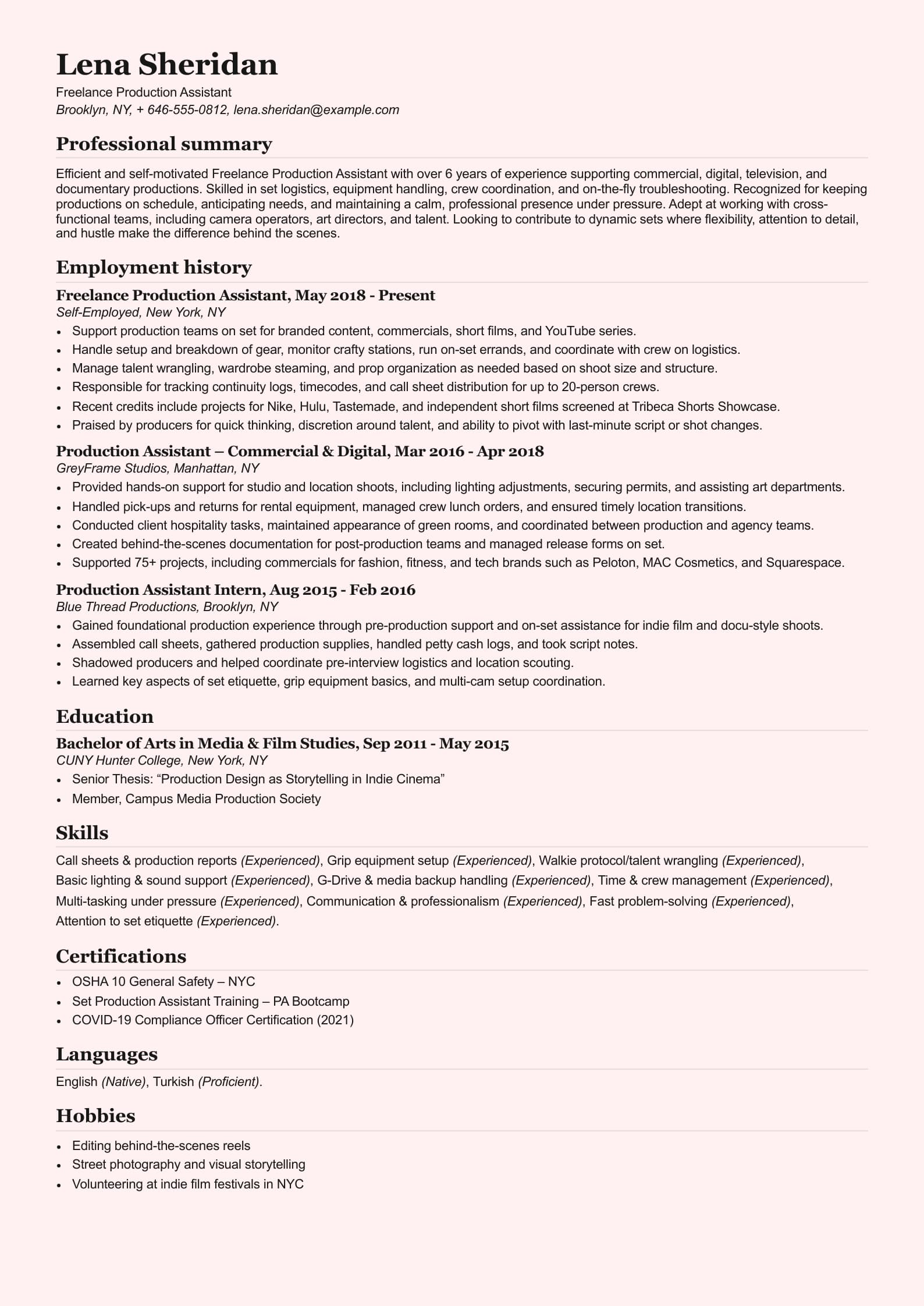 Freelance Production Assistant