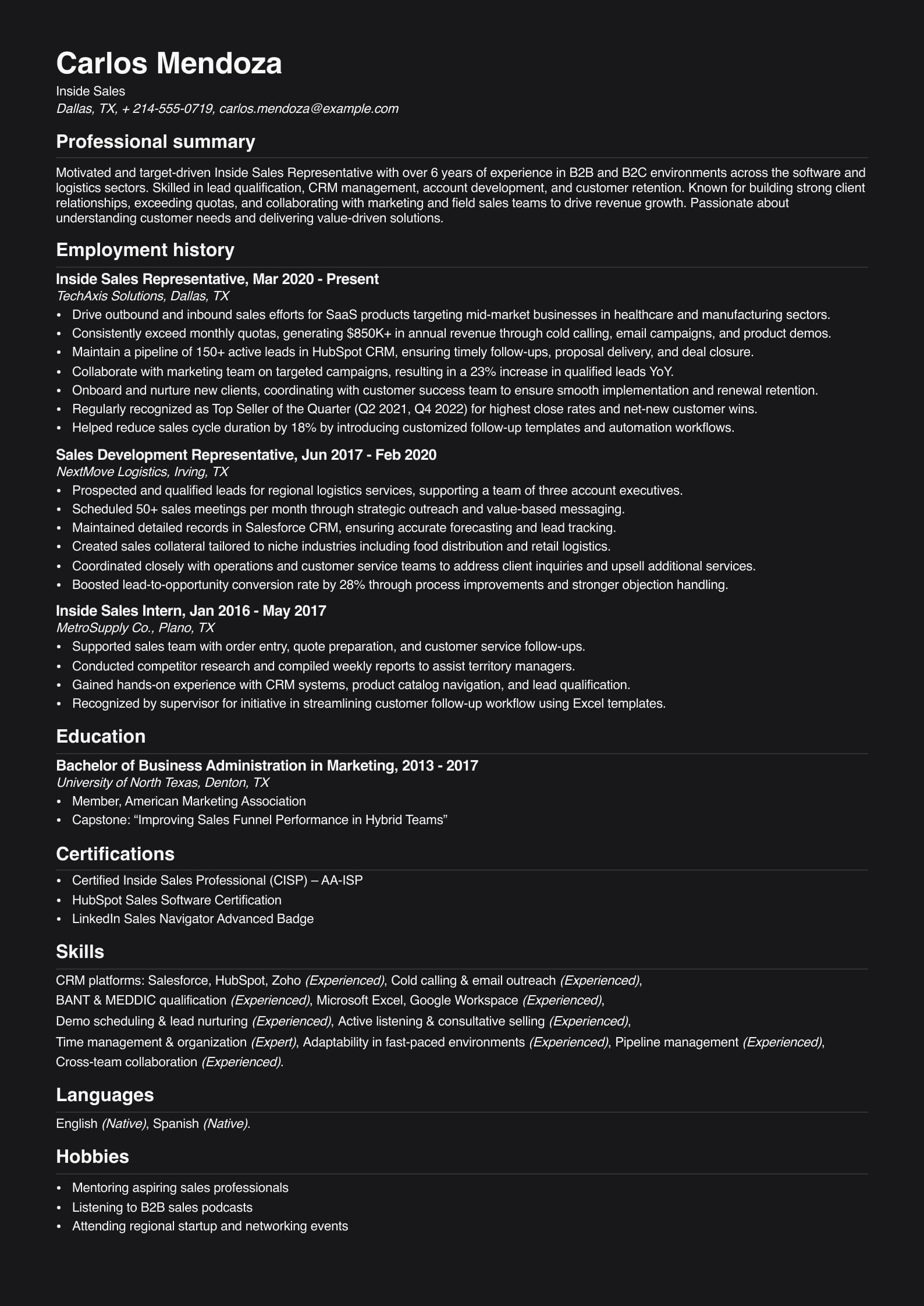 Inside Sales Resume