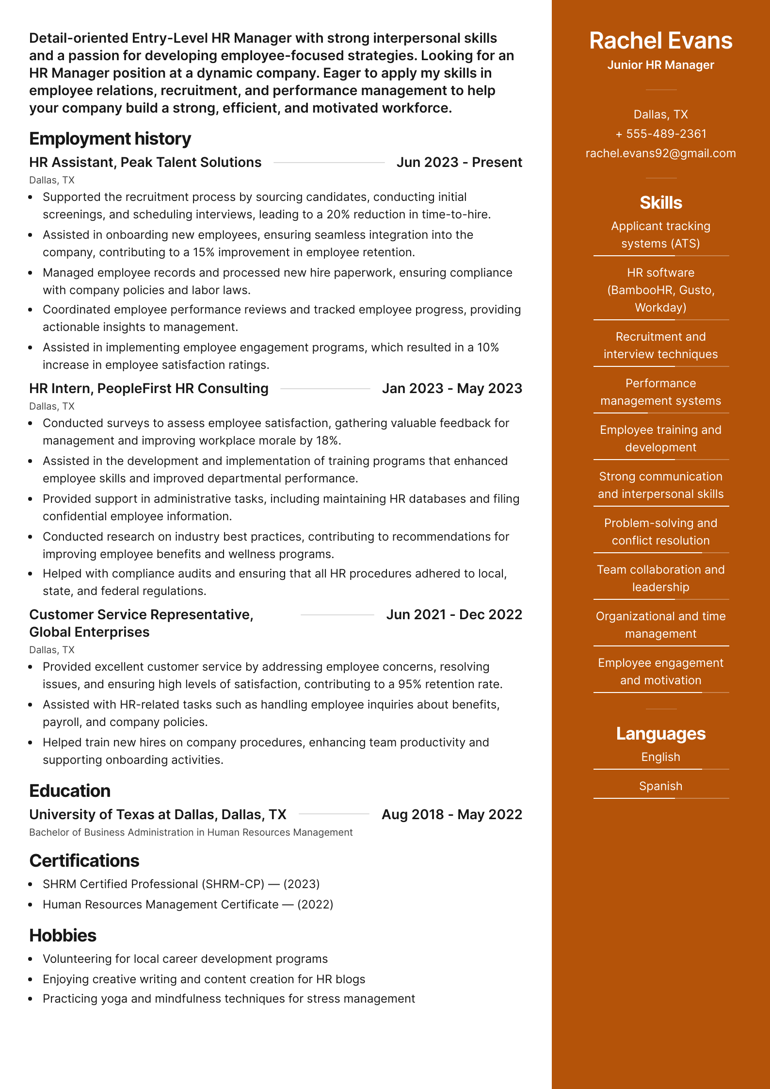 Junior HR Manager Resume