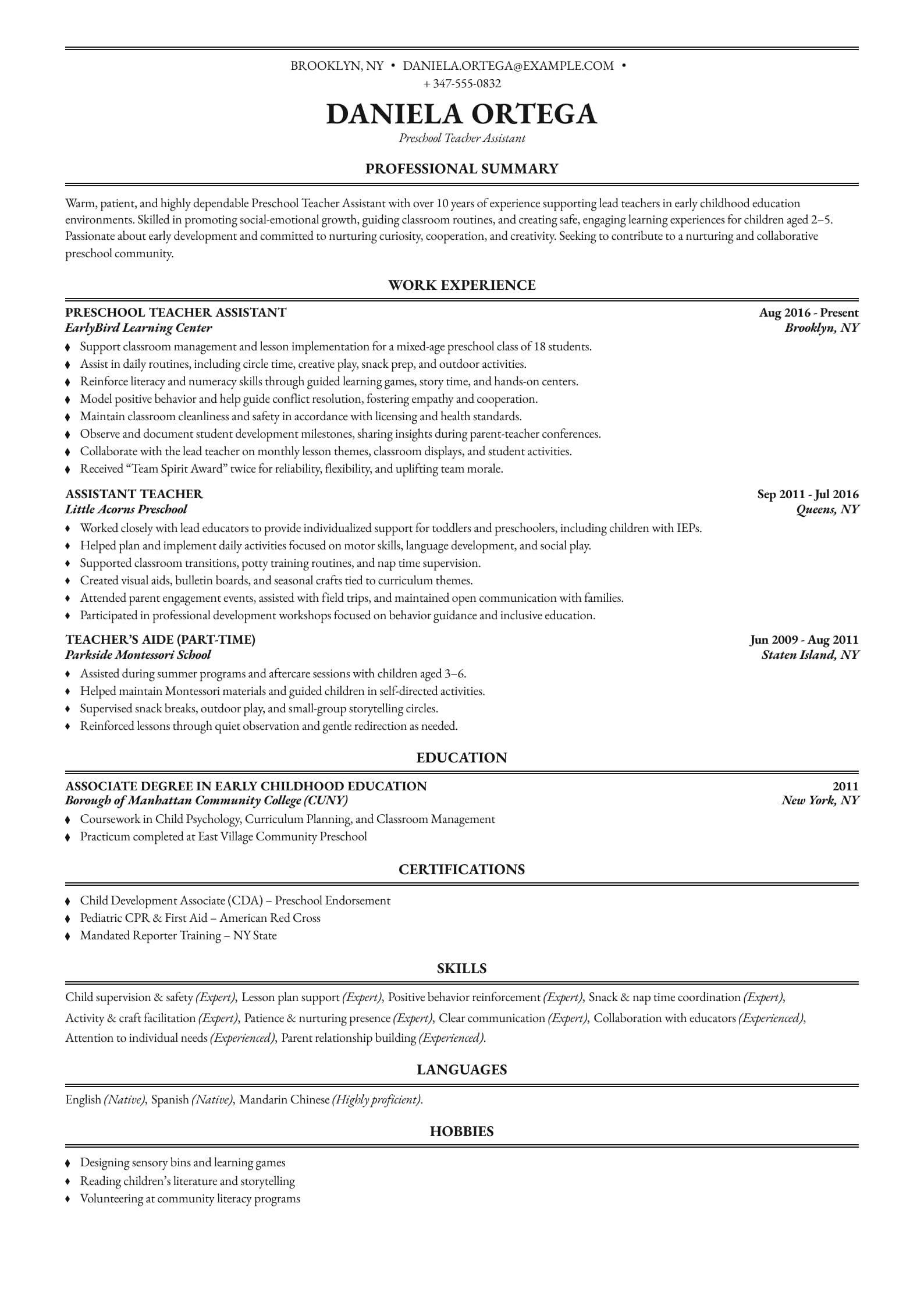 Preschool Teacher Assistant