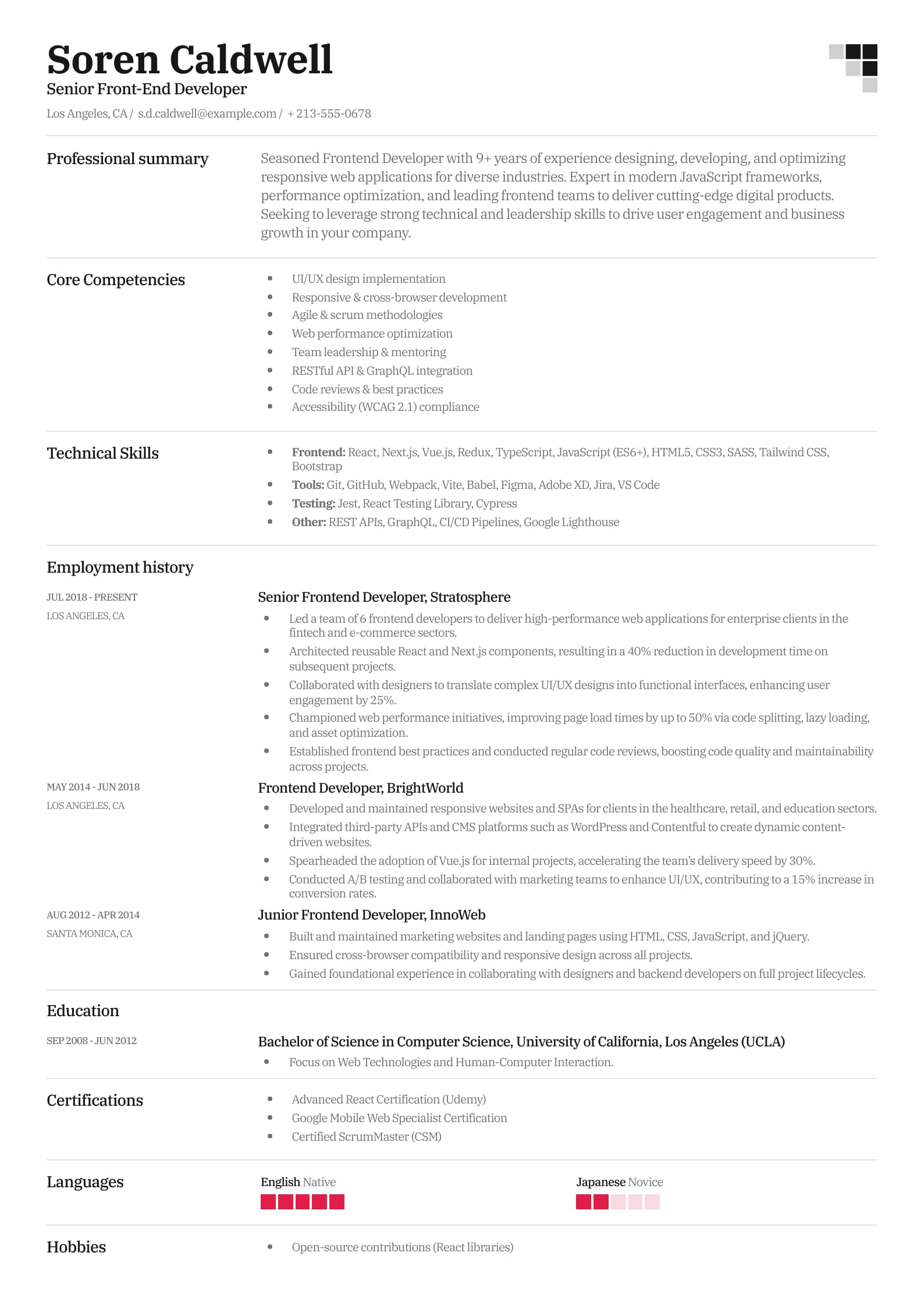 Senior Front-End Developer Resume