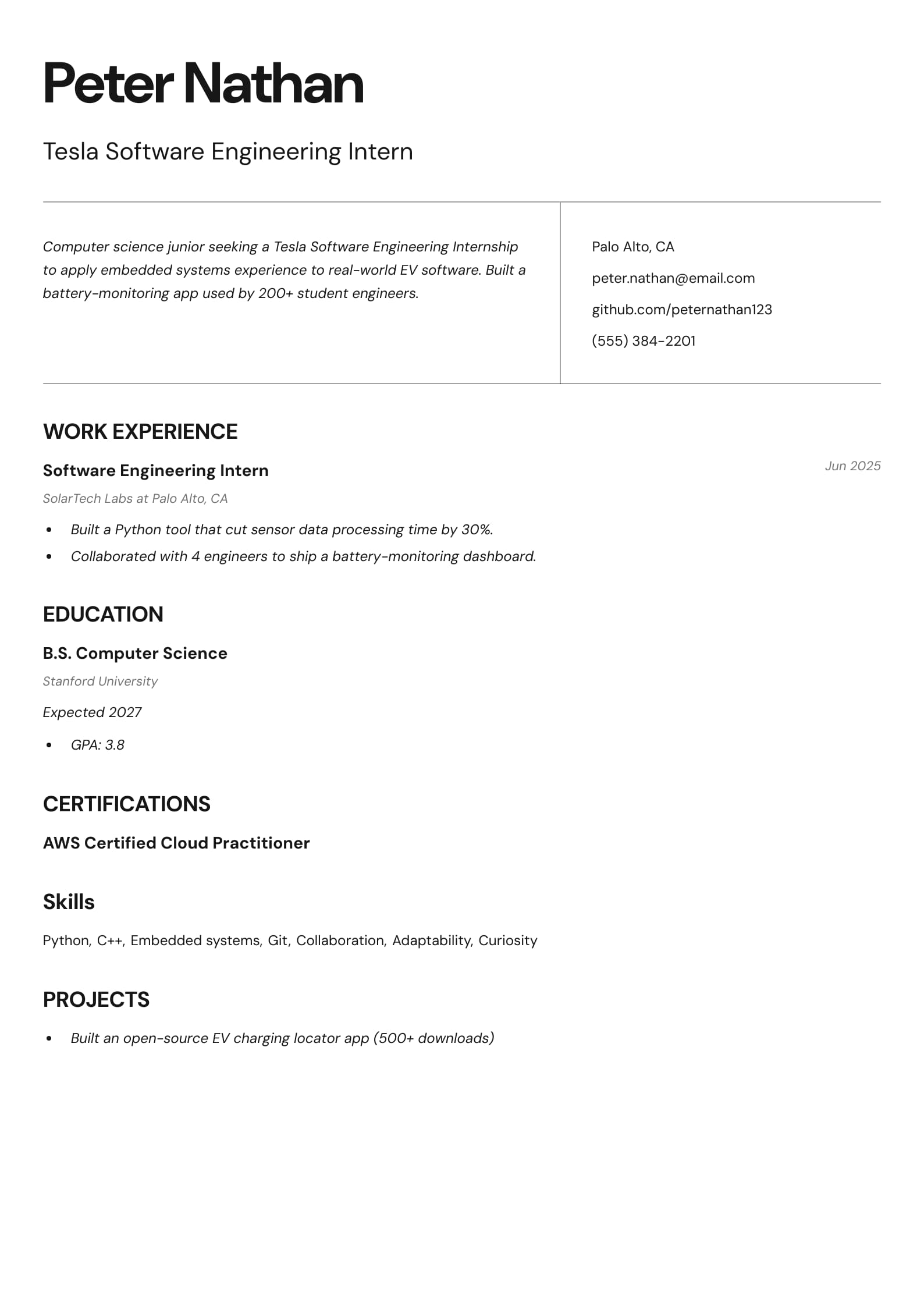 Tesla Software Engineering Intern