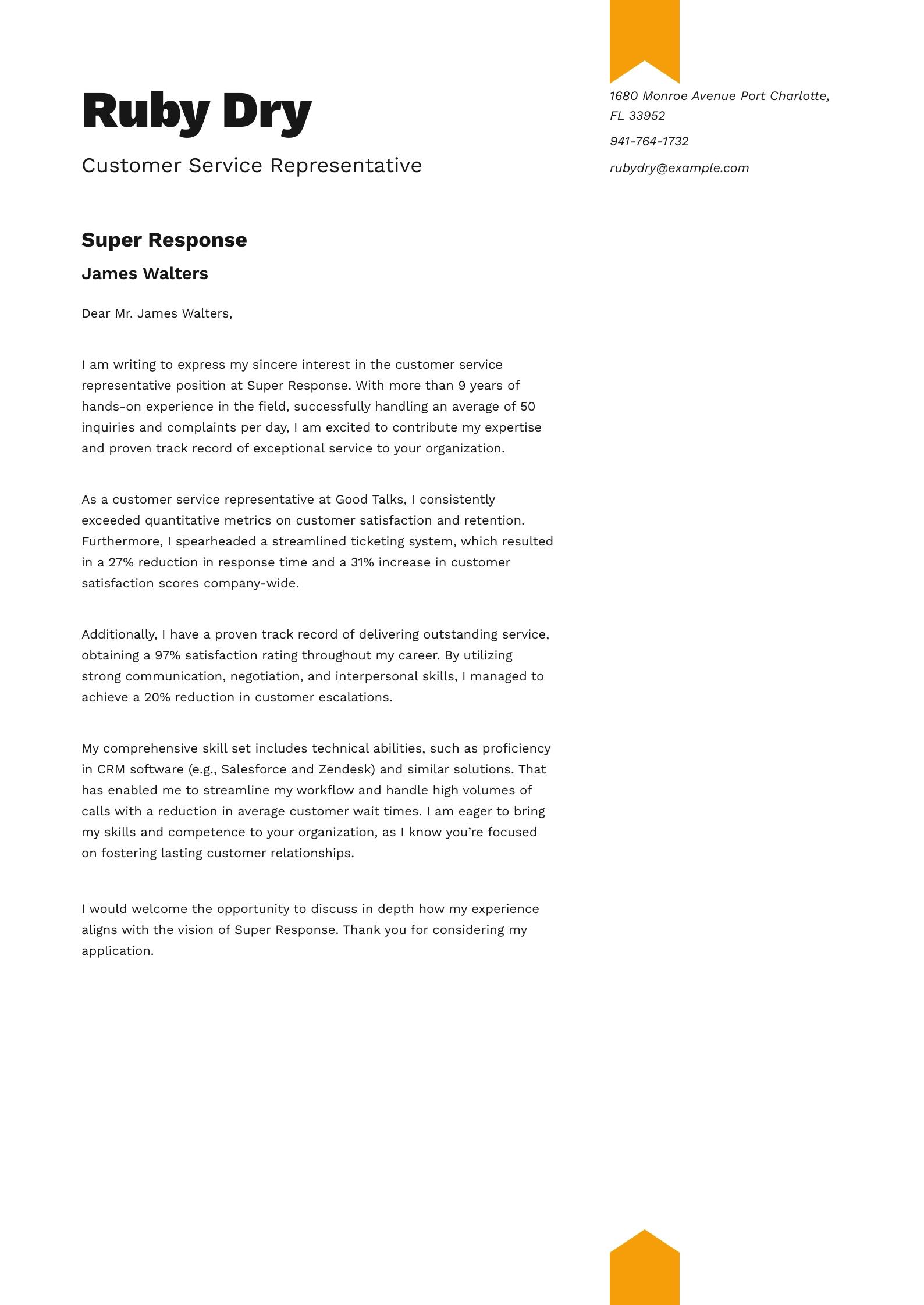 Customer Service Cover Letter Example
